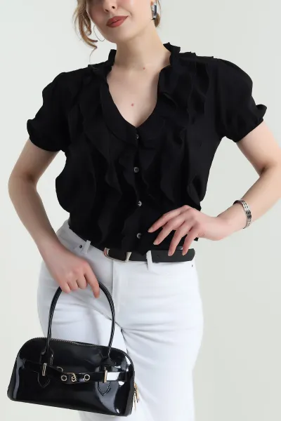 Siyah Fırfırlı Tensel Kadın Bluz 465459