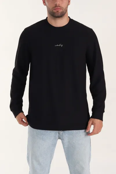 Siyah Fitilli Bisiklet Yaka Yazı Detaylı Erkek Sweatshirt 396227