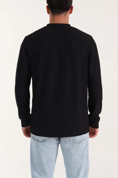 Siyah Fitilli Bisiklet Yaka Yazı Detaylı Erkek Sweatshirt 396227