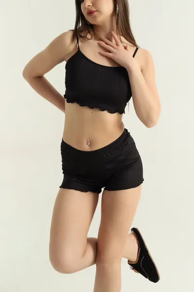 Siyah Fitilli Kadın Şortlu Pijama Takımı 466396