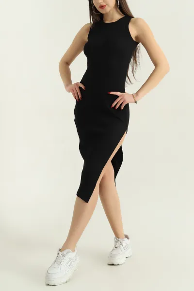 siyah-fitilli-likrali-yirtmacli-kolsuz-kadin-elbise-336791