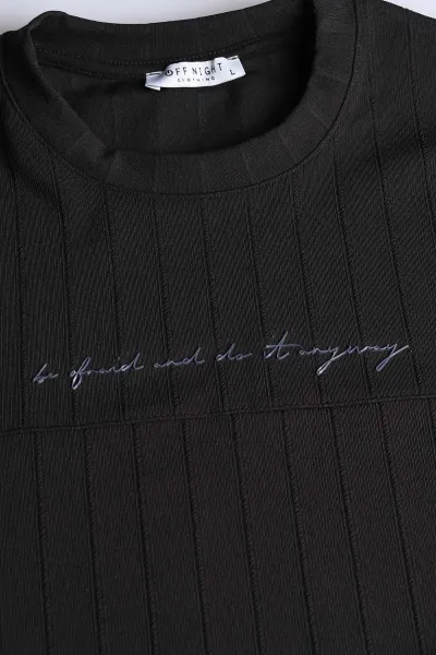 Siyah Fitilli Nakışlı Bisiklet Yaka Erkek Sweatshirt 396903