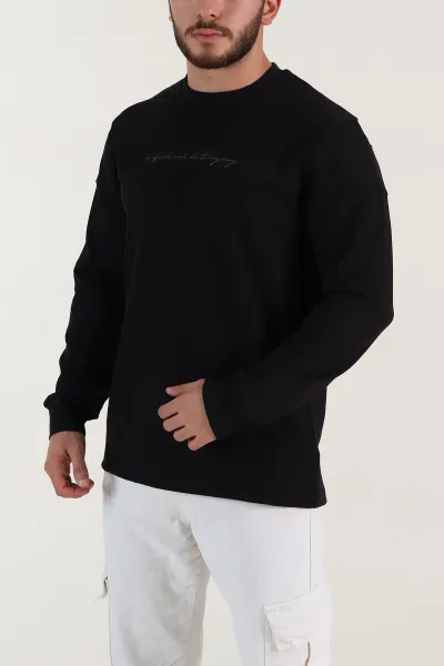 Siyah Fitilli Nakışlı Bisiklet Yaka Erkek Sweatshirt 396903