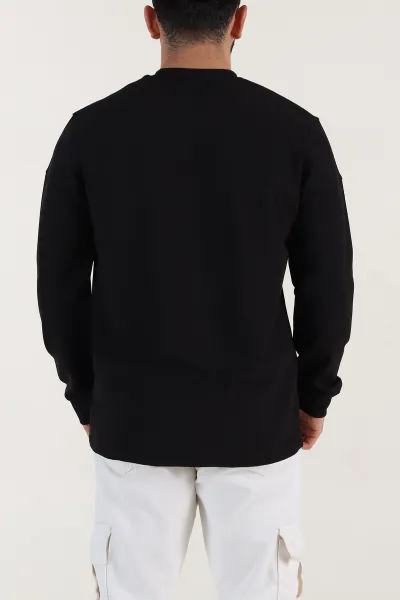 Siyah Fitilli Nakışlı Bisiklet Yaka Erkek Sweatshirt 396903