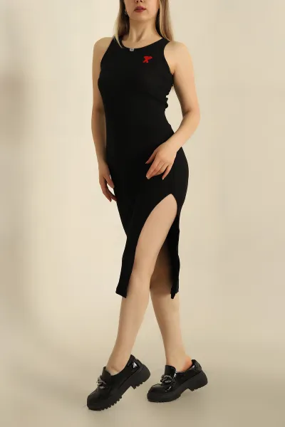Siyah Fitilli Nakışlı Elbise 266420