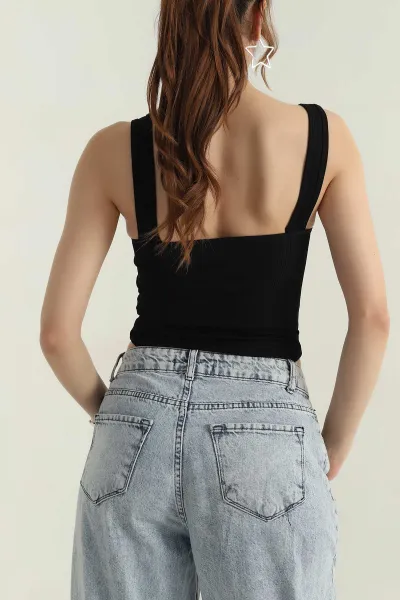 Siyah Fitilli Pedli Askılı Zıbın Bluz 411425