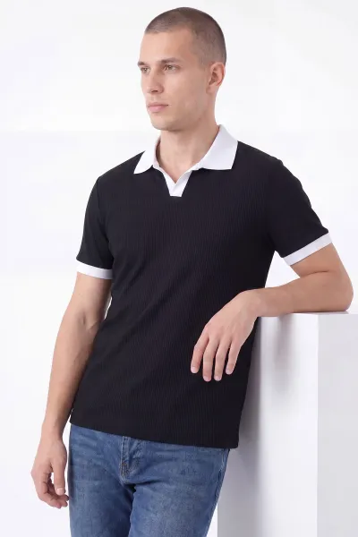 Siyah Fitilli Polo Yaka Erkek Tişört 458869