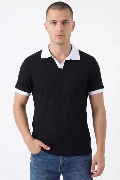 Siyah Fitilli Polo Yaka Erkek Tişört 458869