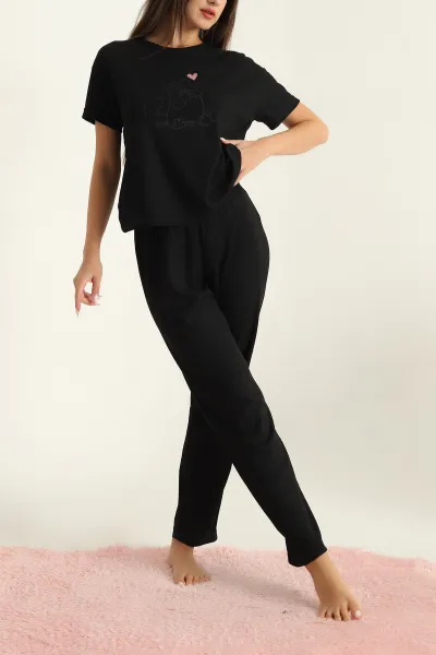 Siyah Fitilli Viskon Bayan Pijama Takımı 288967