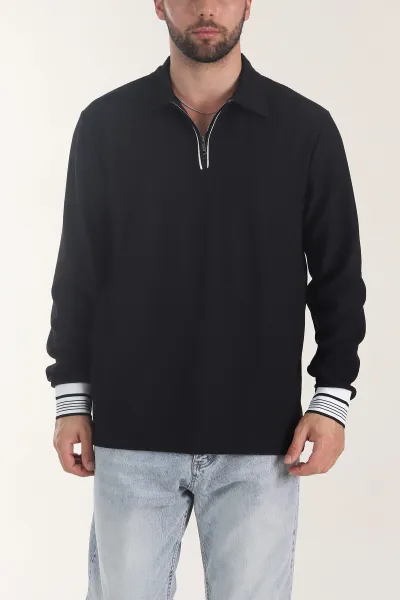 Siyah Fitilli Yarım Fermuarlı Dik Yaka Erkek Sweatshirt 404808