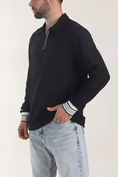 Siyah Fitilli Yarım Fermuarlı Dik Yaka Erkek Sweatshirt 404808