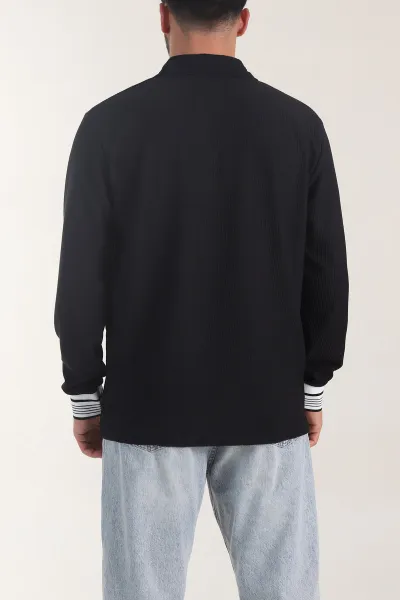 Siyah Fitilli Yarım Fermuarlı Dik Yaka Erkek Sweatshirt 404808