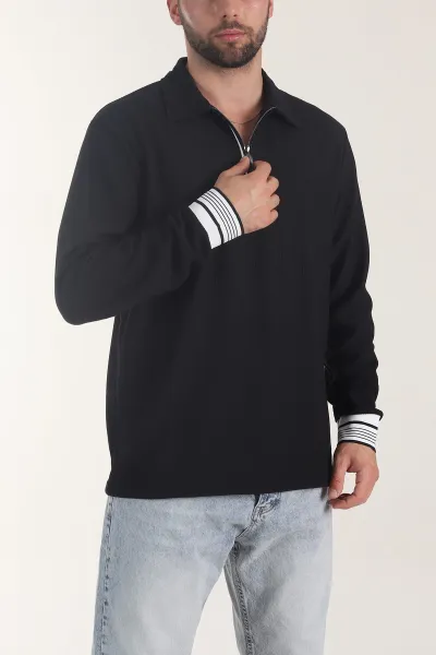 Siyah Fitilli Yarım Fermuarlı Dik Yaka Erkek Sweatshirt 404808