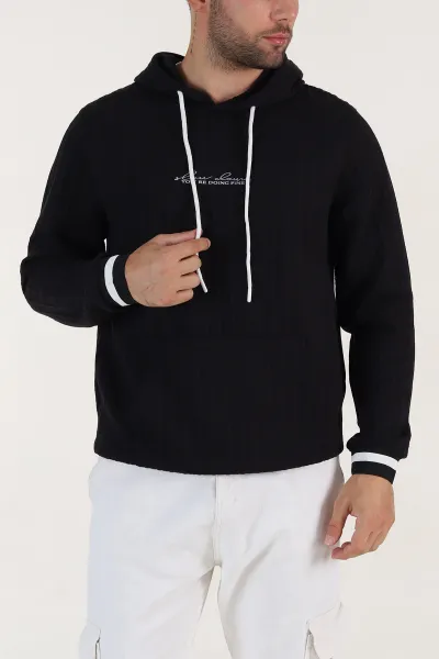Siyah Fitilli Yazı Detaylı Kapüşonlu Erkek Sweatshirt 396196
