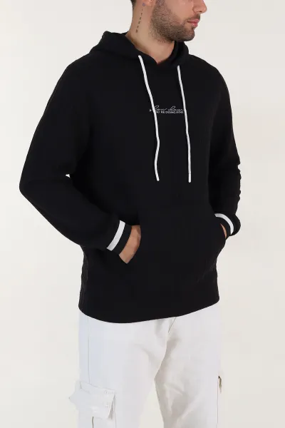 Siyah Fitilli Yazı Detaylı Kapüşonlu Erkek Sweatshirt 396196