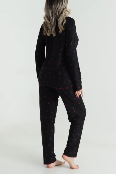 Siyah Fiyonklu Süet Kadın Pijama Takımı 492463