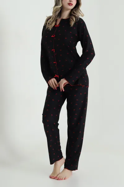 Siyah Fiyonklu Süet Kadın Pijama Takımı 492463