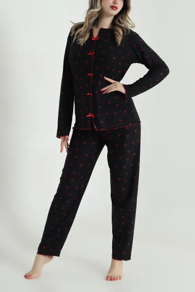 Siyah Fiyonklu Süet Kadın Pijama Takımı 492463
