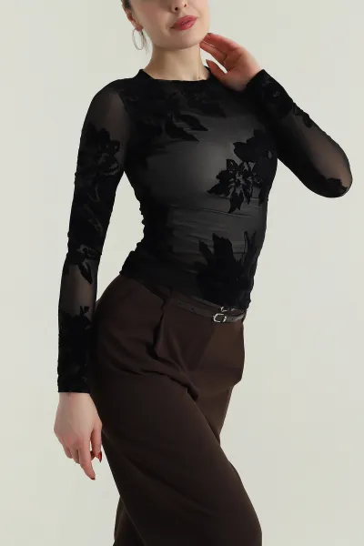 Siyah Flok Baskı Transparan Bluz 428473