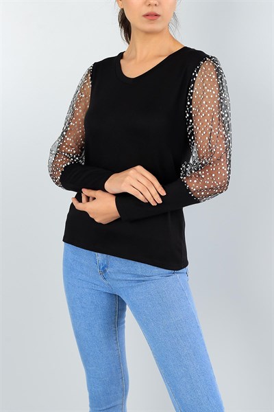 Siyah Flok Baskı Tül Detay Tasarım Bluz 39733