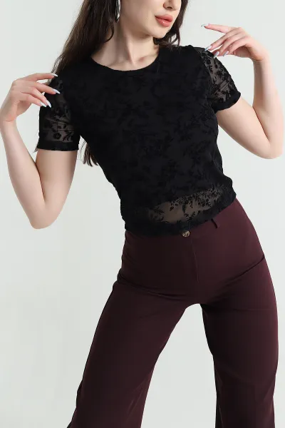Siyah Flok Baskılı Astarlı Kadın Tül Bluz 448692