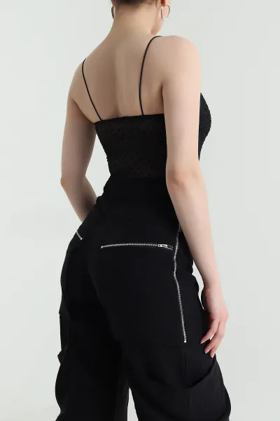 Siyah Flok Baskılı Kadın Tül Bluz 459280