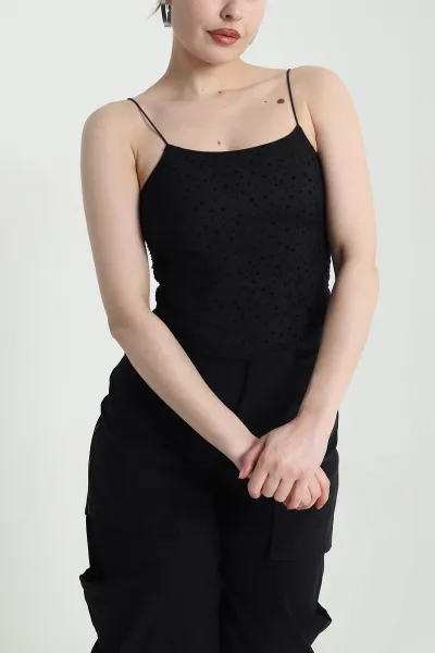 Siyah Flok Baskılı Kadın Tül Bluz 459280