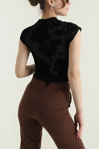 Siyah Flok Baskılı Tül Kadın Bluz 435522