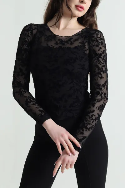 Siyah Flok Baskılı Tül Kadın Bluz 453621