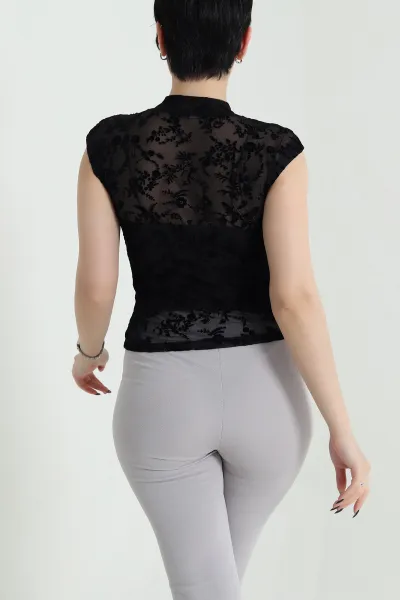 Siyah Flok Baskılı Tül Kadın Bluz 454030