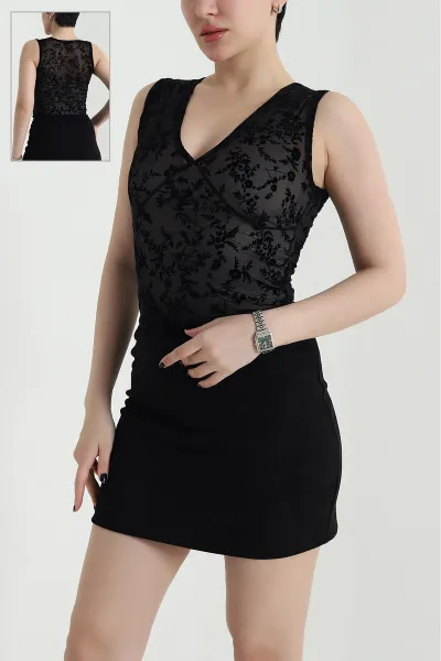 Siyah Flok Baskılı Tül Kadın Bluz 455388