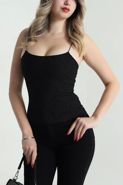 Siyah Flok Baskılı Tül Kadın Bluz 481430