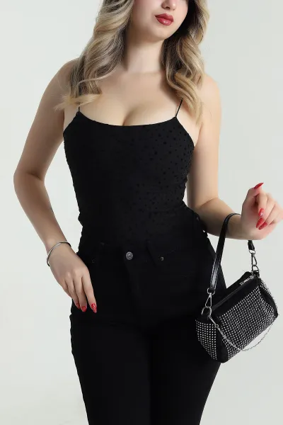 Siyah Flok Baskılı Tül Kadın Bluz 481430