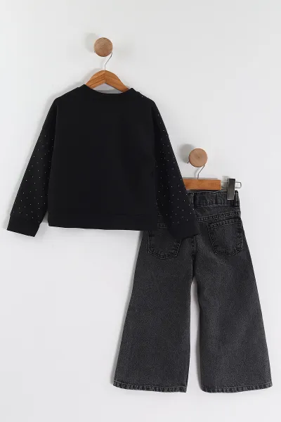 Siyah Füme (3-10 Yaş) Taş Baskılı Oysho Sweatli Kot Pantolonlu Kız Çocuk 2'li Takım 440169