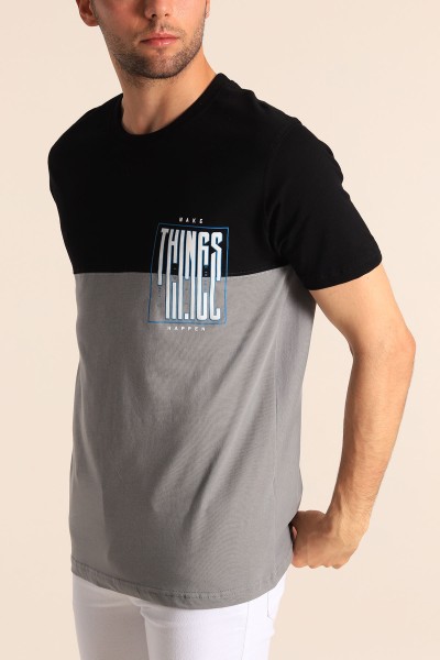 Siyah Füme Relaxed Fit Things Baskılı Çift Renk Tişört 182262