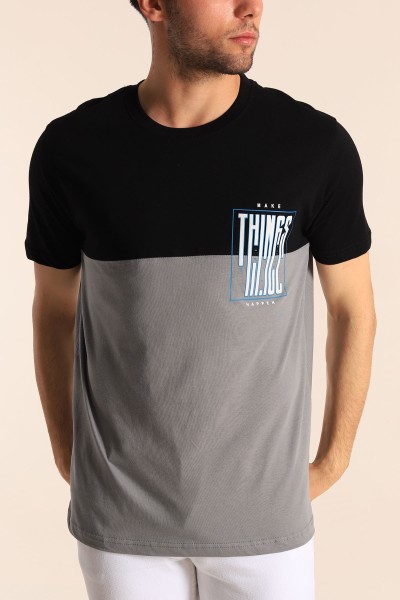 Siyah Füme Relaxed Fit Things Baskılı Çift Renk Tişört 182262