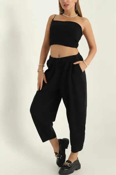 Siyah Gabardin Çimalı Kadın Pantolon 300321