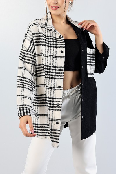 Siyah Gabardin Garnili Boyfriend Kaşe Gömlek Ceket 80512