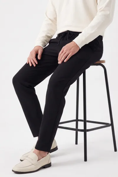 Siyah Gabardin Kumaş Bağlamalı Erkek Pantolon 491668
