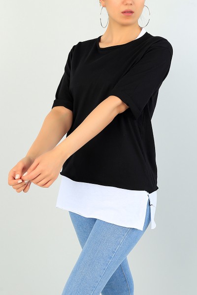 Siyah Garnili Duble Kol Bayan Tişört 71485