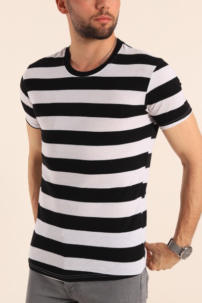 Siyah Geniş Çizgili Regular Fit Erkek Tişört 189818