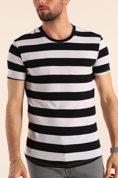 Siyah Geniş Çizgili Regular Fit Erkek Tişört 189818