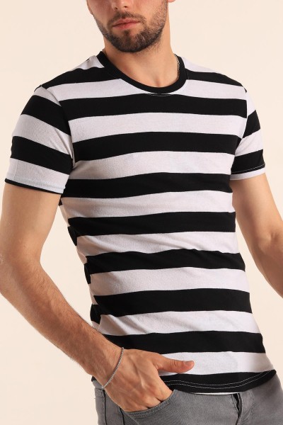 Siyah Geniş Çizgili Regular Fit Erkek Tişört 189818