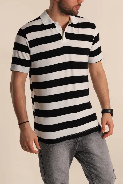 Siyah Geniş Çizgili Relaxed Fit Polo Yaka Erkek Triko Tişört 268148