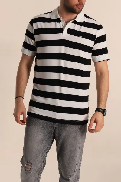 Siyah Geniş Çizgili Relaxed Fit Polo Yaka Erkek Triko Tişört 268148