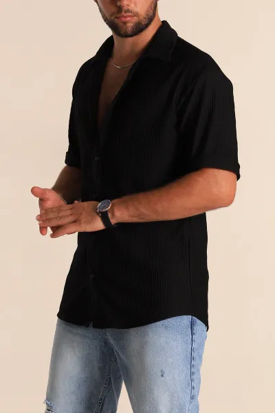 Siyah Geniş Fitilli Duble Kısa Kollu Erkek Gömlek 283362