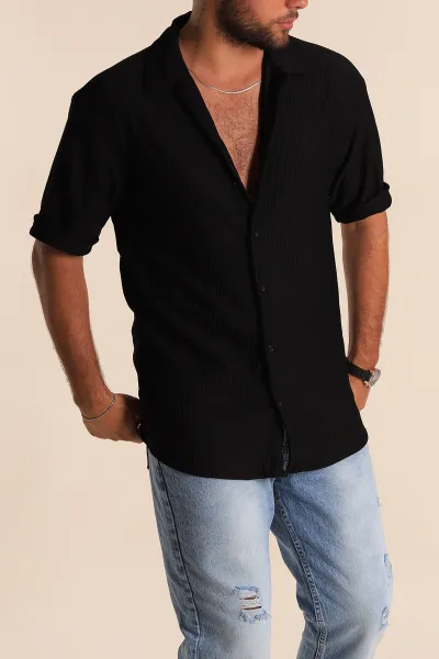 Siyah Geniş Fitilli Duble Kısa Kollu Erkek Gömlek 283362