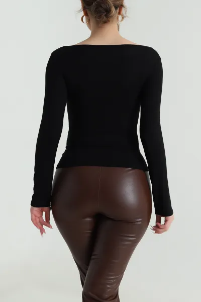 Siyah Geniş Yaka Kadın Body Bluz 490289