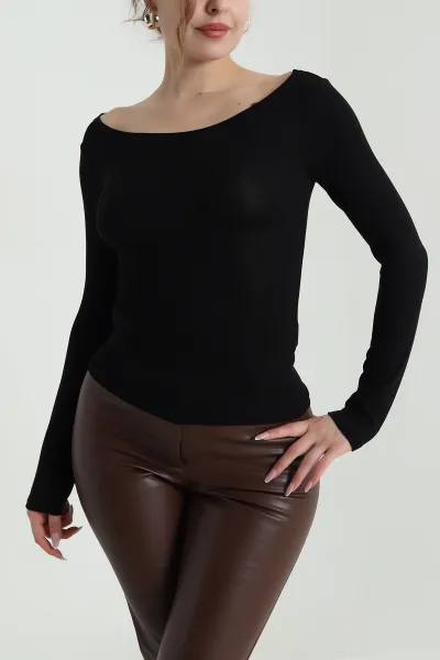 Siyah Geniş Yaka Kadın Body Bluz 490289