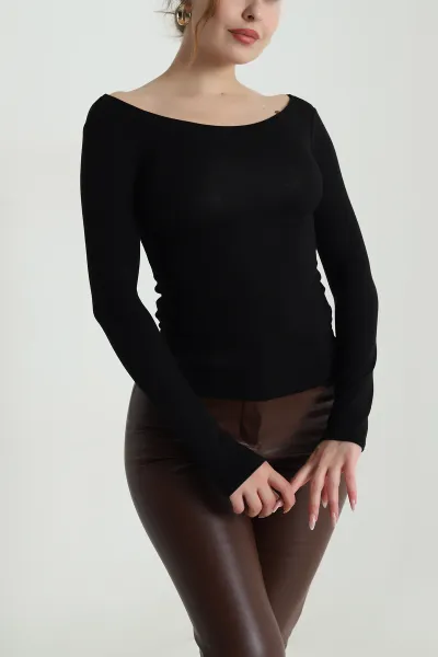 Siyah Geniş Yaka Kadın Body Bluz 490289
